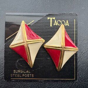 Tacoa earrings-Ivory & red enamel-Gold accents-Pierced